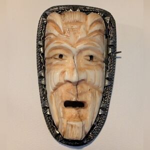 Beautiful Unusual Carved Bone In Silver Netsuke Hannya Oni Mask Brooch Pin RARE!